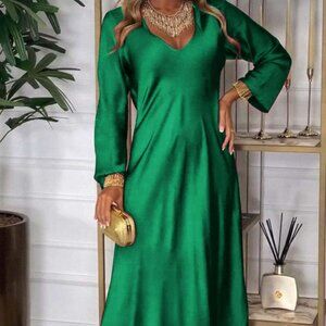 Full Size V-Neck Long Sleeve Midi Dress Plus Size | New Relaxed Fit Solid Dress